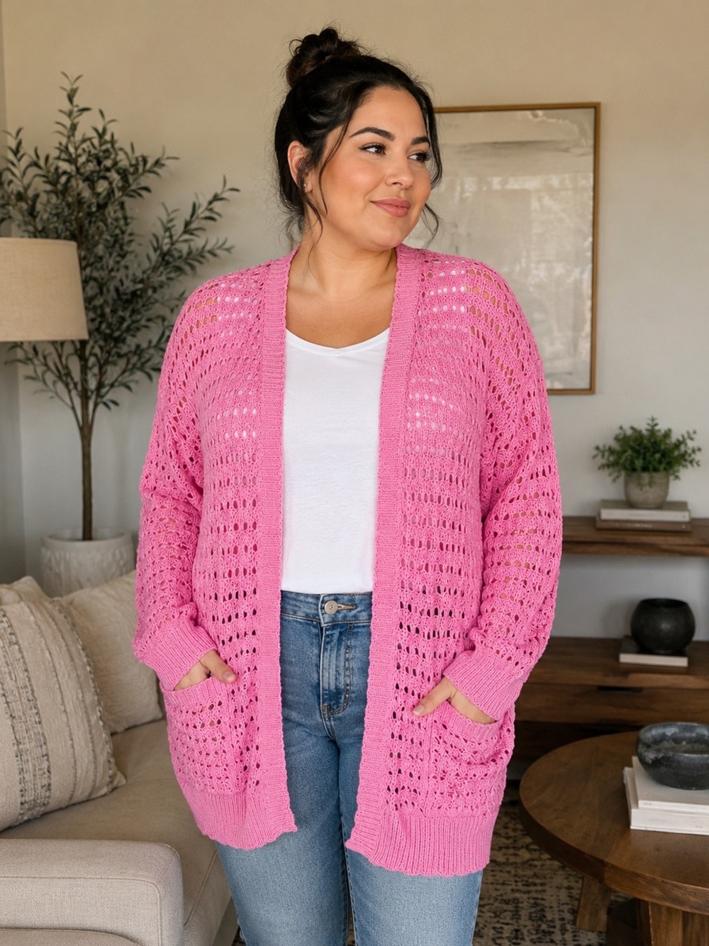 Love Change Italy Women’s Pink Open Knit Long Cardigan Pockets Plus Size 3X